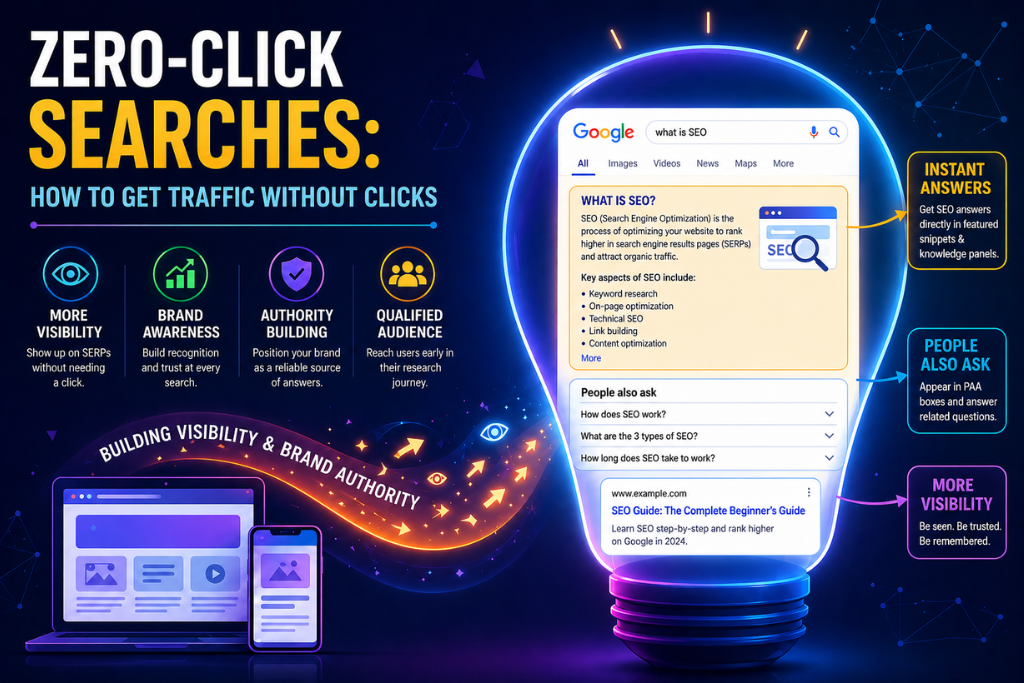 Zero-click searches infographic showing SERP features that drive visibility without clicks
